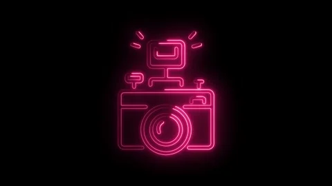 Neon camera icon animation on black background photography and videography .. Stock Footage 345992055