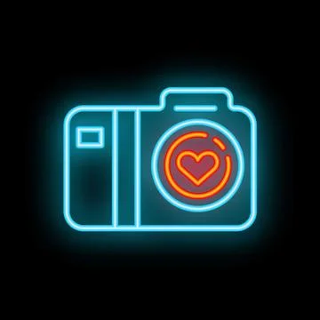 Neon camera icon displaying a heart capturing love and memories Stock Illustration