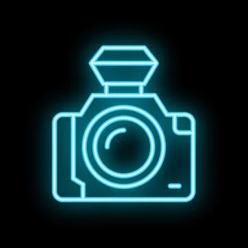 Neon camera icon with flash light glowing on dark background Stock Illustration
