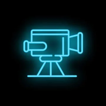 Neon camera icon glowing on dark background Stock Illustration
