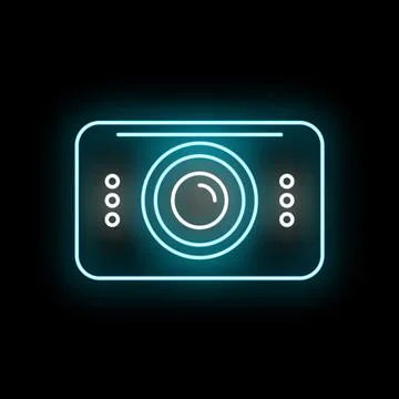 Neon camera icon glowing on dark background Stock Illustration