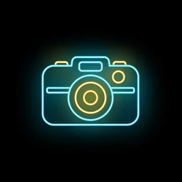 Neon camera icon glowing on a dark background Stock Illustration