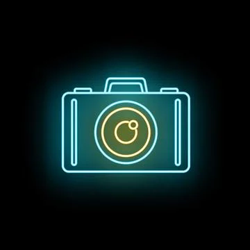 Neon camera icon glowing with teal and yellow light Stock Illustration