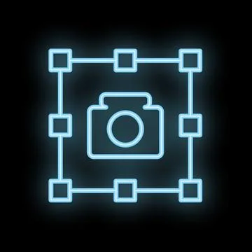 Neon camera icon surrounded by glowing frame on black background Stock Illustration