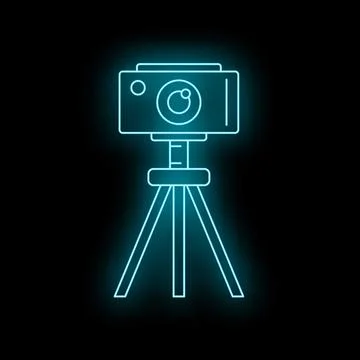 Neon camera icon on tripod recording video Stock Illustration