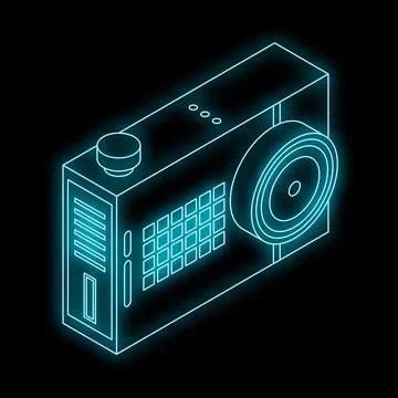 Neon camera shining in the dark isometric view 스톡 일러스트