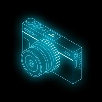 Neon camera shining in the dark with turquoise light 스톡 일러스트