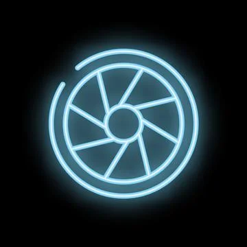 Neon camera shutter aperture icon glowing on black background Stock Illustration