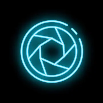 Neon camera shutter glowing on black background Stock Illustration