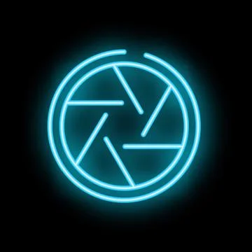 Neon camera shutter glowing on black background Stock Illustration
