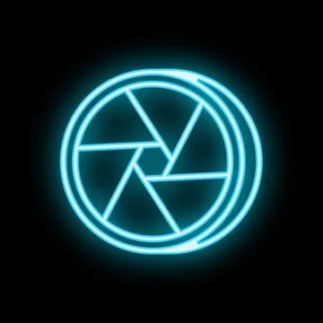 Neon camera shutter glowing on black background Stock Illustration