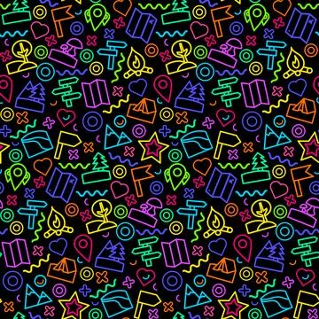 Neon Camping Flat Seamless Pattern Stock Illustration