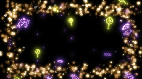 Neon candy icons floating amidst glowing gold particles against dark background Stock Footage 345333057