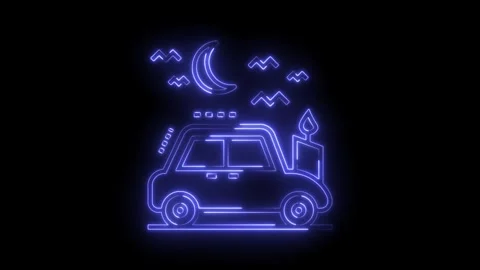 Neon car under moonlight camping animated icon glows on black background Stock Footage 322989969