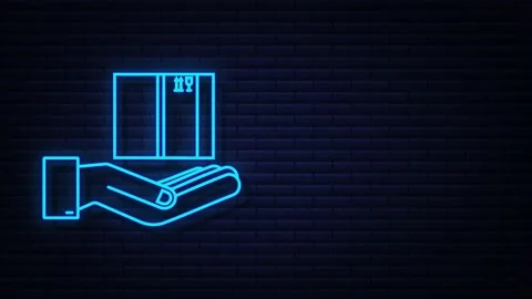 Neon Carton parcel box in hands. Shipping delivery symbol. Gift box icon. motion Stock Footage 169291376