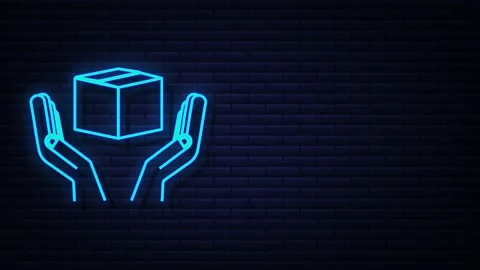 Neon Carton parcel box in hands. Shipping delivery symbol. Gift box icon. motion Stock Footage 169296085