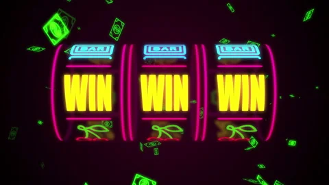 Neon casino slot machine spinning, money flying after win combination	 Stock Footage