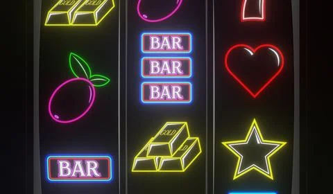Neon Casino Slots Machine with Random Items - 3d illustration Stock Illustration
