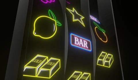 Neon Casino Slots Machine with Random Items - 3d illustration Stock Illustration