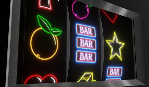 Neon Casino Slots Machine with Random Items - 3d illustration Stock Illustration