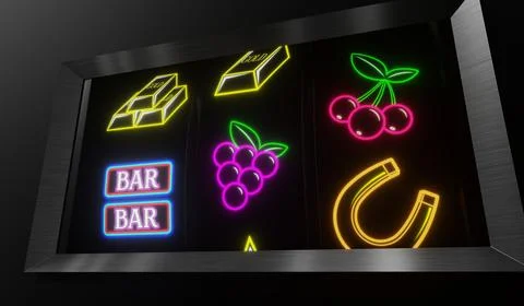 Neon Casino Slots Machine with Random Items - 3d illustration Stock Illustration