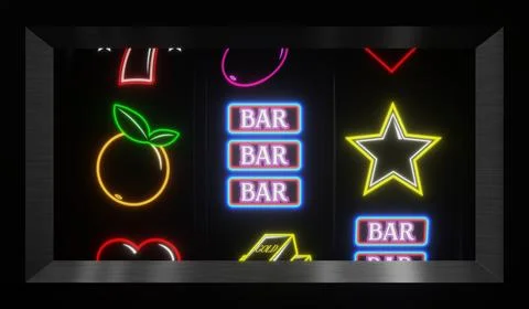 Neon Casino Slots Machine with Random Items - 3d illustration Stock Illustration