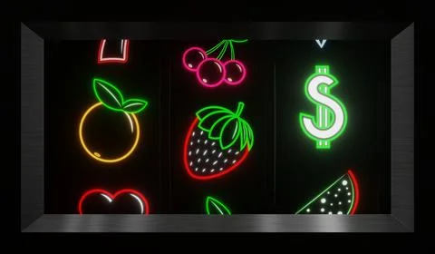 Neon Casino Slots Machine with Random Items - 3d illustration Stock Illustration