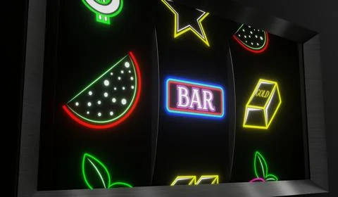 Neon Casino Slots Machine with Random Items - 3d illustration Stock Illustration