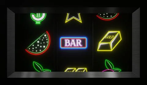 Neon Casino Slots Machine with Random Items - 3d illustration Stock Illustration