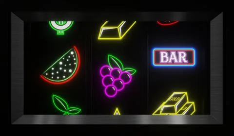Neon Casino Slots Machine with Random Items - 3d illustration Stock Illustration