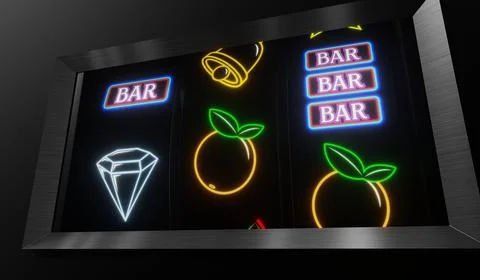 Neon Casino Slots Machine with Random Items - 3d illustration Stock Illustration