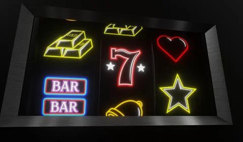 Neon Casino Slots Machine with Random Items - 3d illustration Stock Illustration