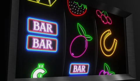 Neon Casino Slots Machine with Random Items - 3d illustration Stock Illustration