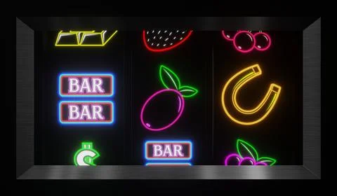 Neon Casino Slots Machine with Random Items - 3d illustration Stock Illustration