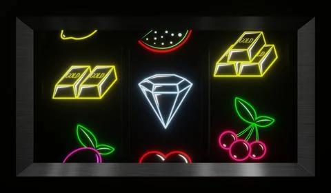 Neon Casino Slots Machine with Random Items - 3d illustration Stock Illustration