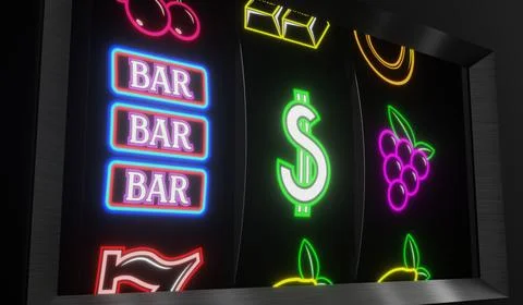 Neon Casino Slots Machine with Random Items - 3d illustration Stock Illustration