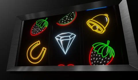 Neon Casino Slots Machine with Random Items - 3d illustration Stock Illustration