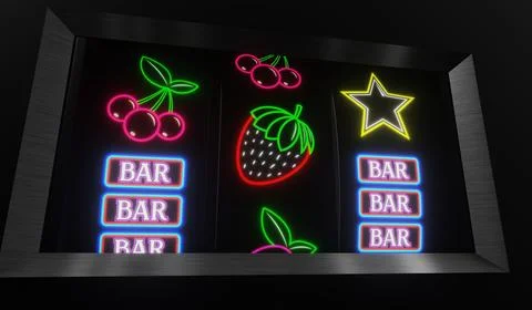 Neon Casino Slots Machine with Random Items - 3d illustration Stock Illustration