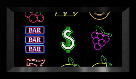 Neon Casino Slots Machine with Random Items - 3d illustration Stock Illustration
