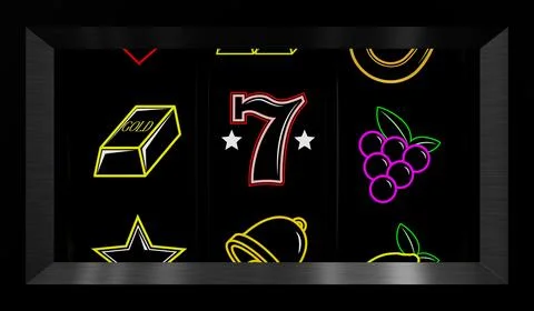 Neon Casino Slots Machine with Random Items - 3d illustration Stock Illustration
