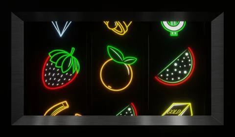 Neon Casino Slots Machine with Random Items - 3d illustration Stock Illustration