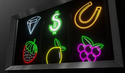 Neon Casino Slots Machine with Random Items - 3d illustration Stock Illustration