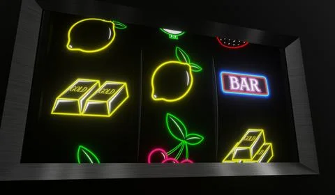 Neon Casino Slots Machine with Random Items - 3d illustration Stock Illustration