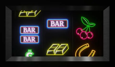 Neon Casino Slots Machine with Random Items - 3d illustration Stock Illustration