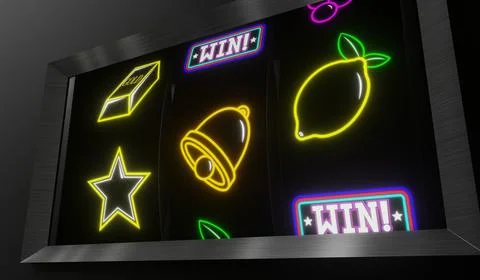 Neon Casino Slots Machine with Random Items - 3d illustration Stock Illustration