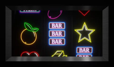 Neon Casino Slots Machine with Random Items - 3d illustration Stock Illustration