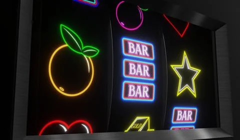Neon Casino Slots Machine with Random Items - 3d illustration Stock Illustration