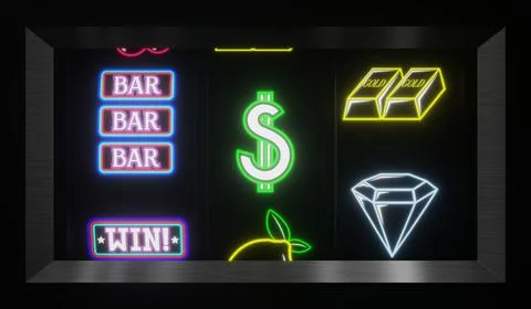 Neon Casino Slots Machine with Random Items - 3d illustration Stock Illustration