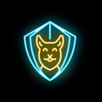 Neon cat face smiling inside a shield icon on a black background Stock Illustration