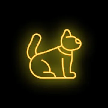 Neon cat sitting down with collar glowing on black background Stock Illustration